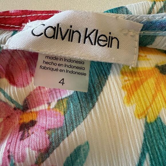 Calvin Klein White Floral Print Faux Wrap Flutter Slv Dress Sz 4 Fairycore - Picture 8 of 14